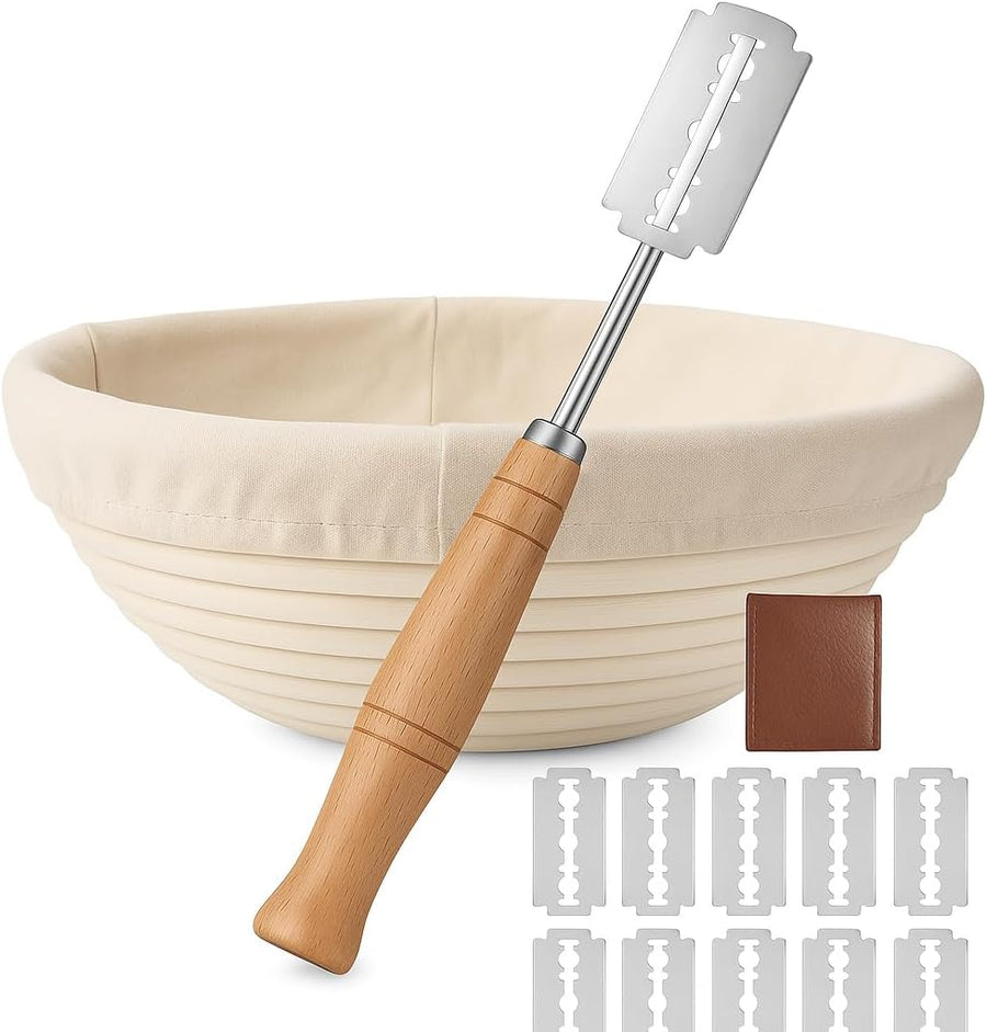 Round Banneton Proofing Basket and Bread Lame Set – 9 Inch Natural Rattan Bread Basket with Liner, 10 Blades & Leather Cover – Sourdough Baking Kit Gift for Beginners and Bakers
