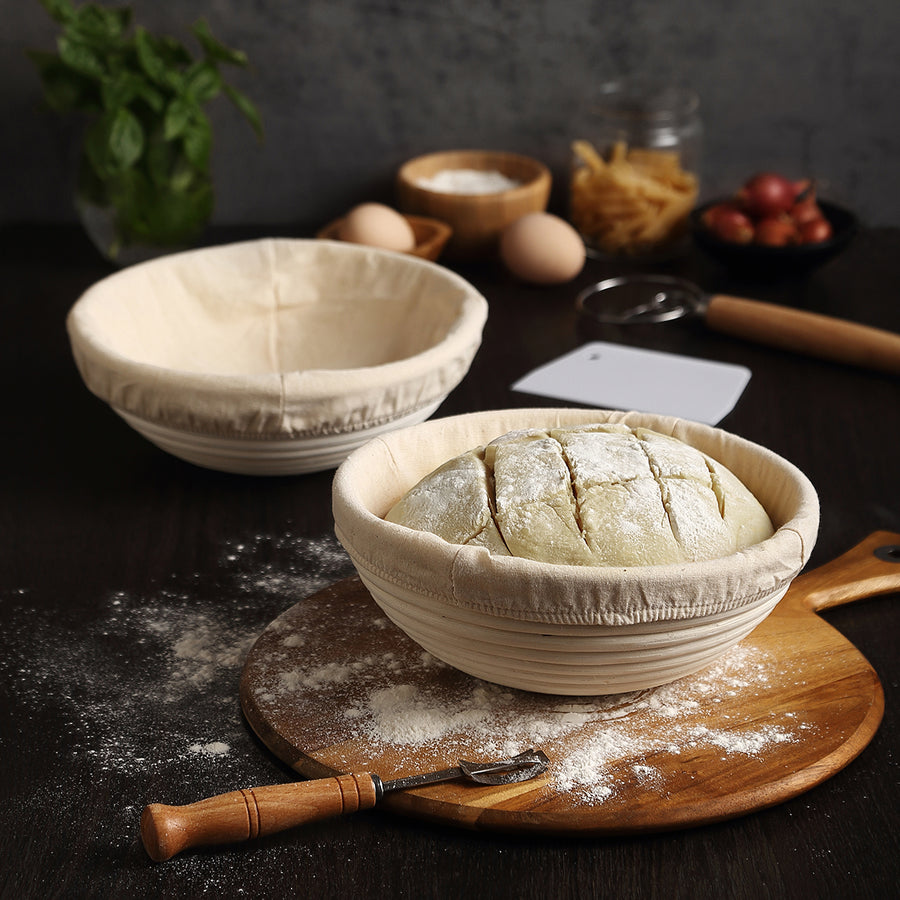 Saint Germain Bakery Premium Round Bread Banneton Basket with Liner - Perfect Brotform Proofing Basket for Making Beautiful Bread - Ultimate Bread Bundle (2x 9" Round Basket)