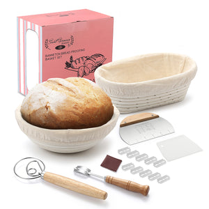 Saint Germain Bakery Premium Round Bread Banneton Basket with Liner - Perfect Brotform Proofing Basket for Making Beautiful Bread - Ultimate Bread Bundle (9 in. Round/10 in. Oval)