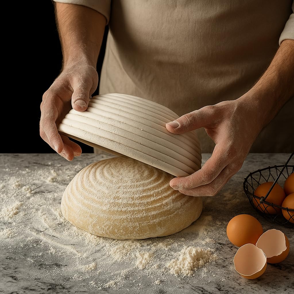 A baker lifts a Saint Germain banneton from proofed dough